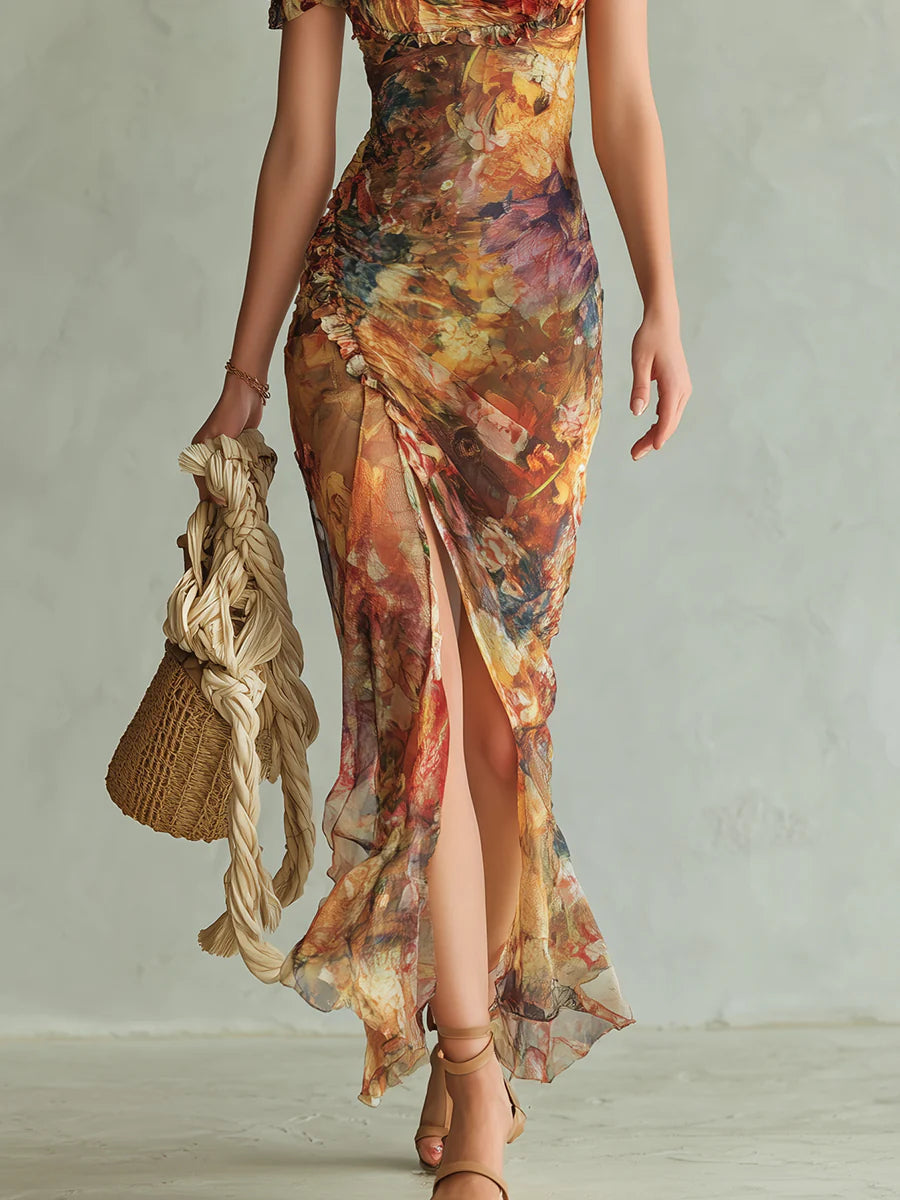 Orange Chiffon Maxi Dress with Oil Print