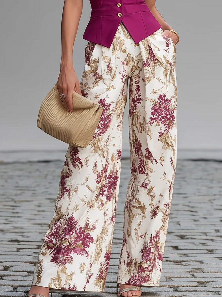 Pink Gilet and Wide Floral Pants