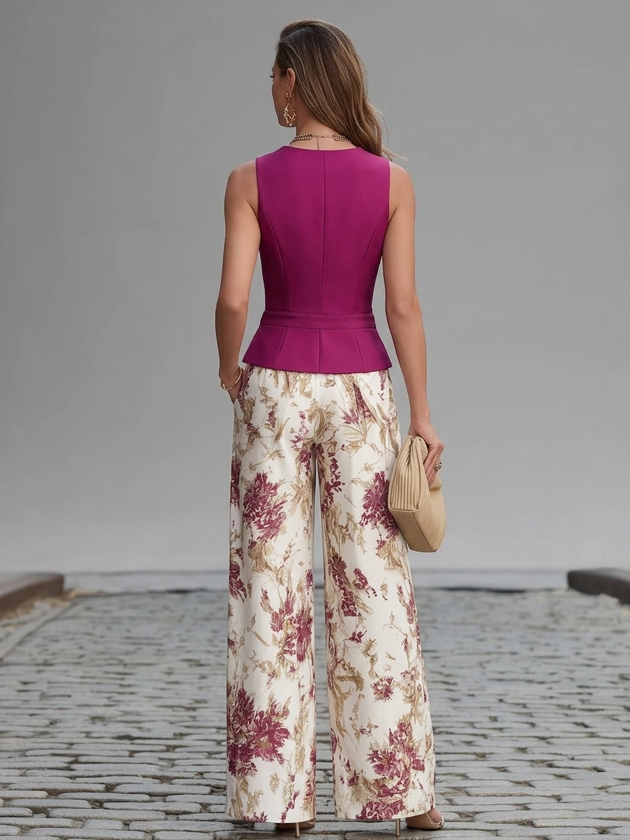 Pink Gilet and Wide Floral Pants