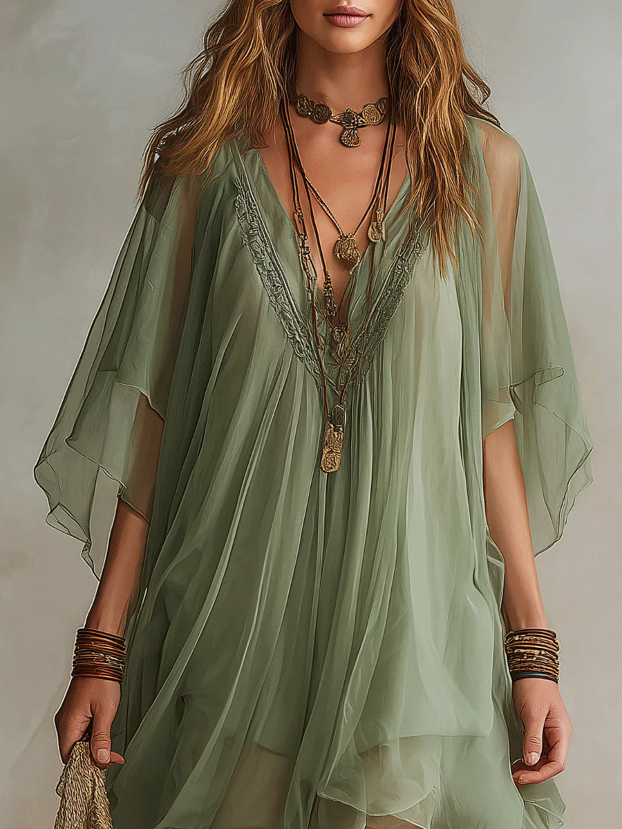 Floating Mini Dress in Green Chiffon with V-Neck