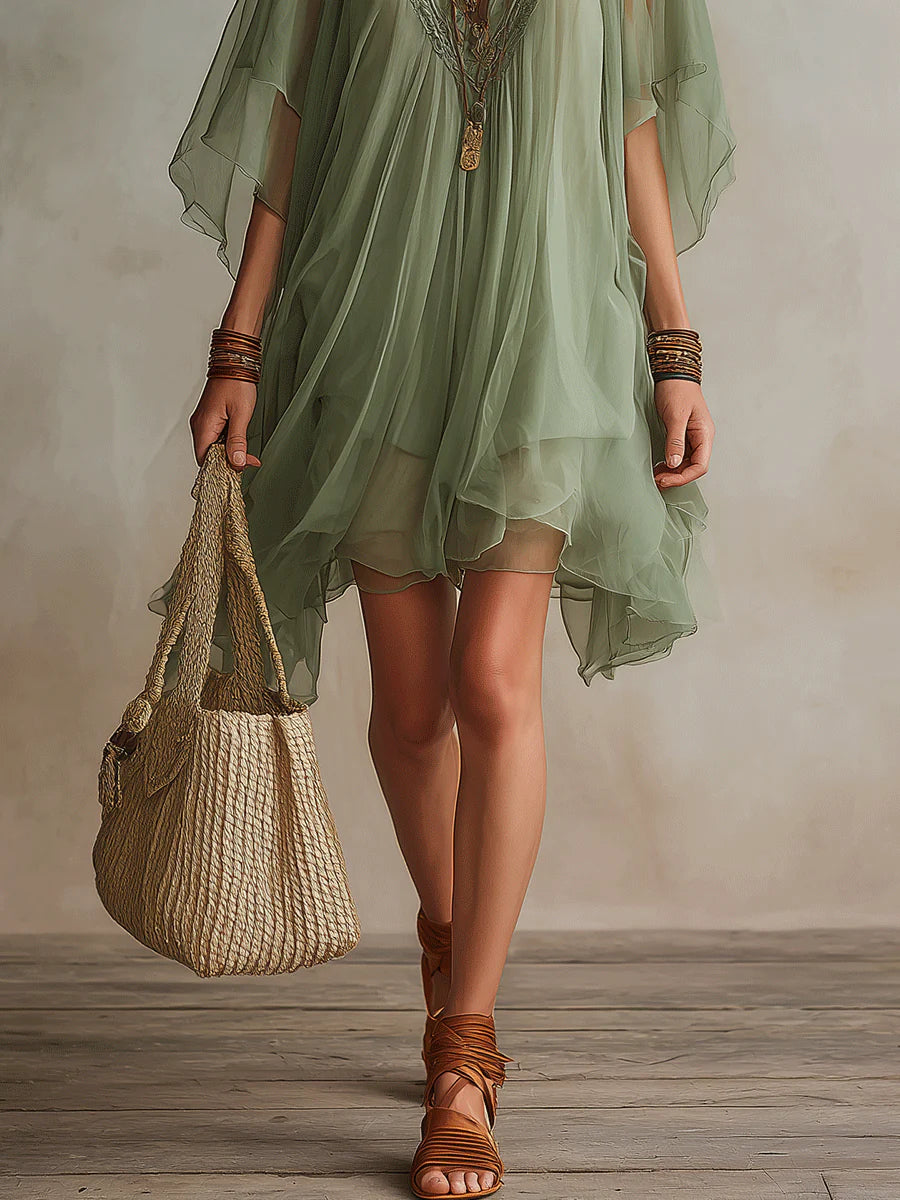 Floating Mini Dress in Green Chiffon with V-Neck