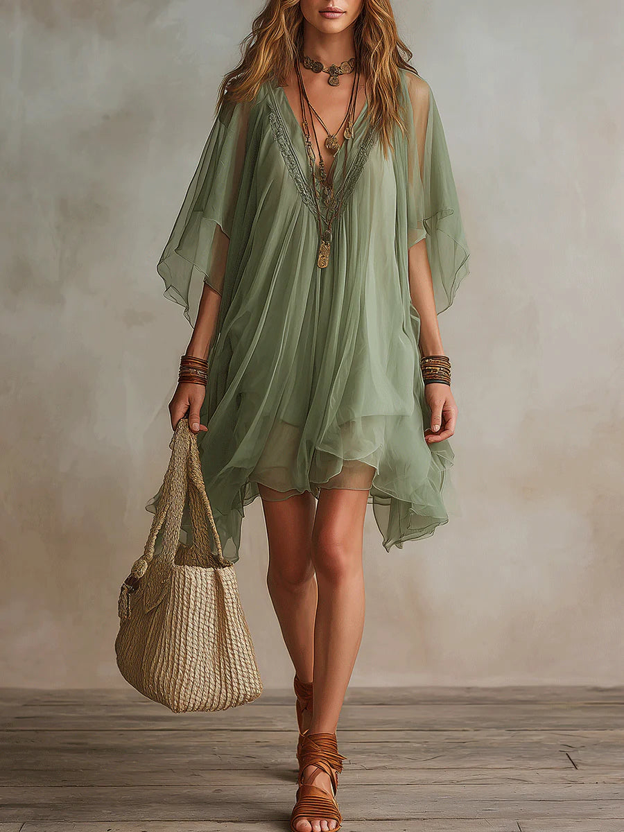 Floating Mini Dress in Green Chiffon with V-Neck