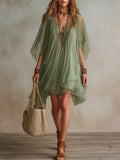 Floating Mini Dress in Green Chiffon with V-Neck