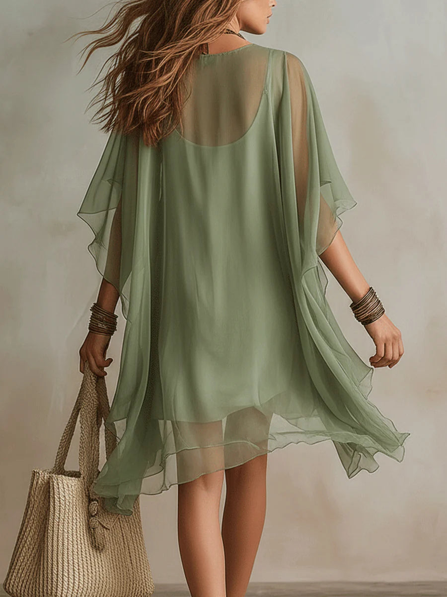 Floating Mini Dress in Green Chiffon with V-Neck