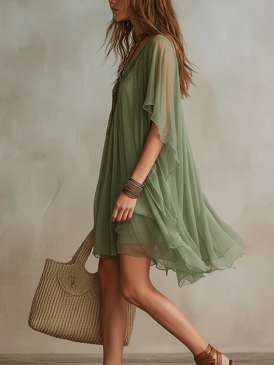 Floating Mini Dress in Green Chiffon with V-Neck