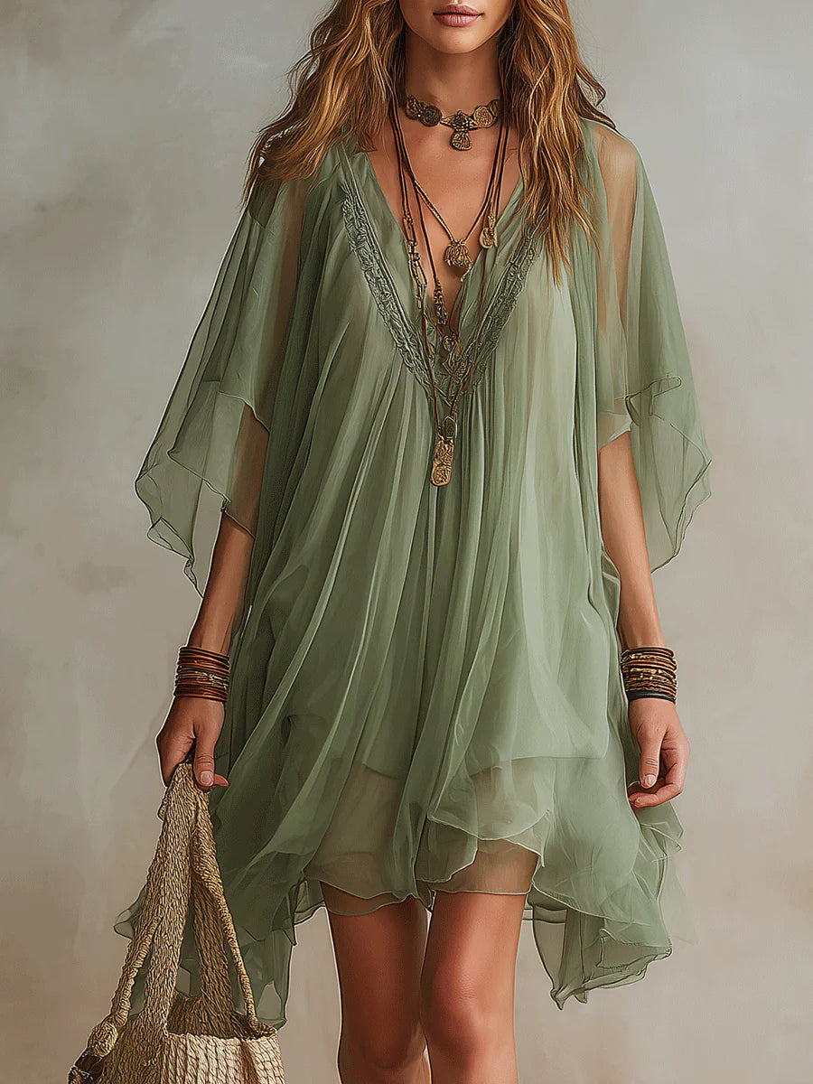 Floating Mini Dress in Green Chiffon with V-Neck