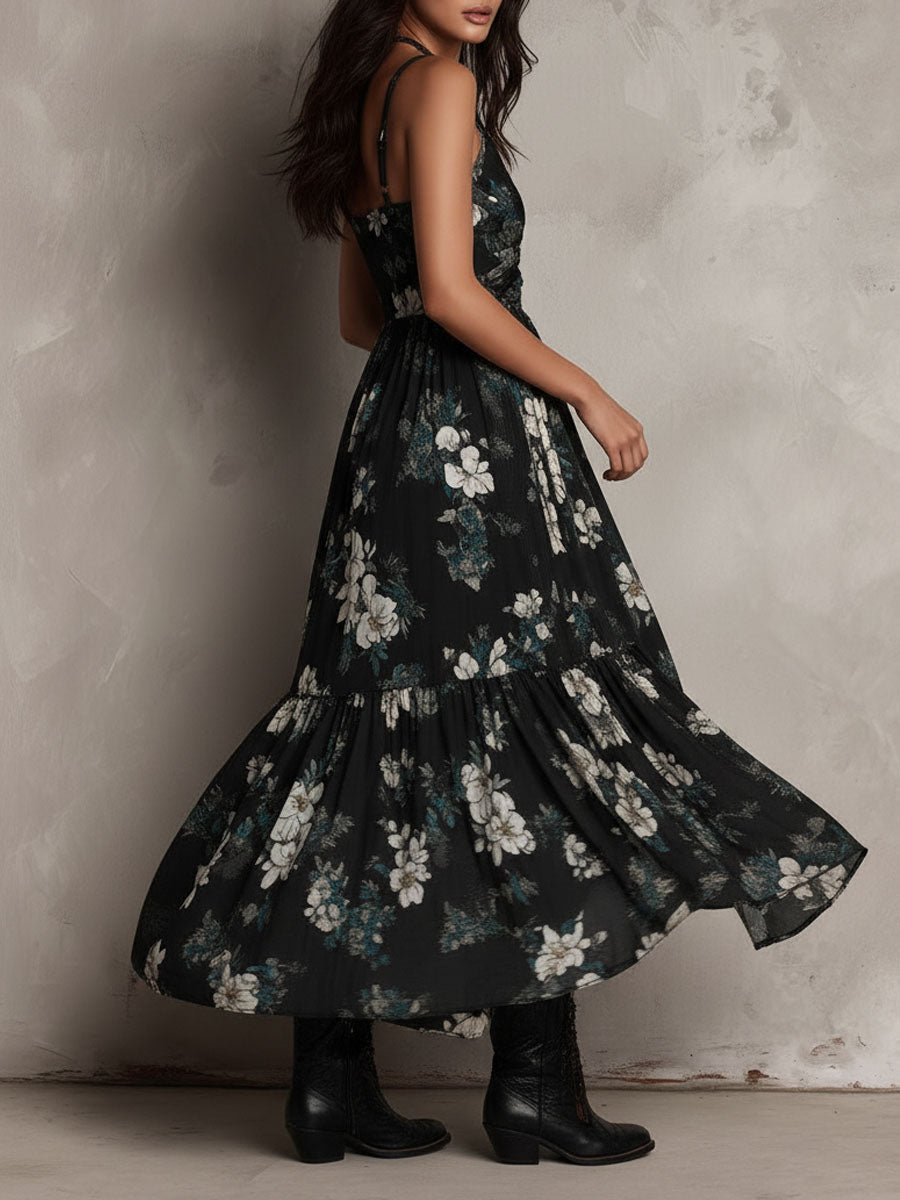 Black Floral Print Strapless Maxi Dress