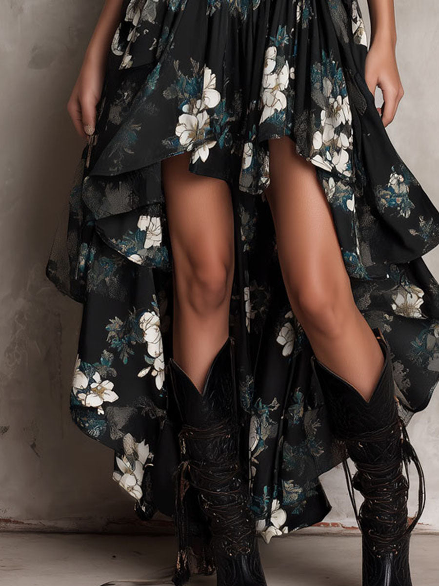 Black Floral Print Strapless Maxi Dress