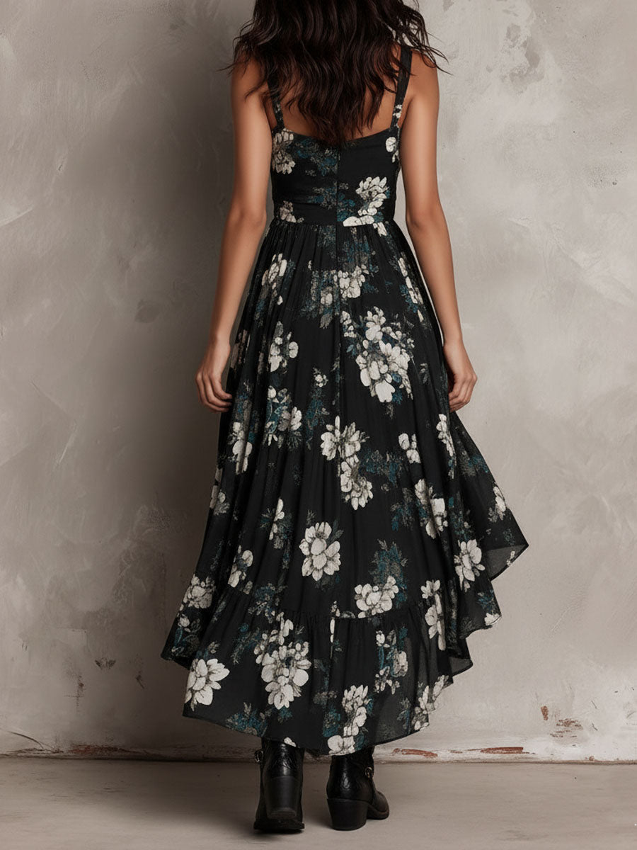 Black Floral Print Strapless Maxi Dress