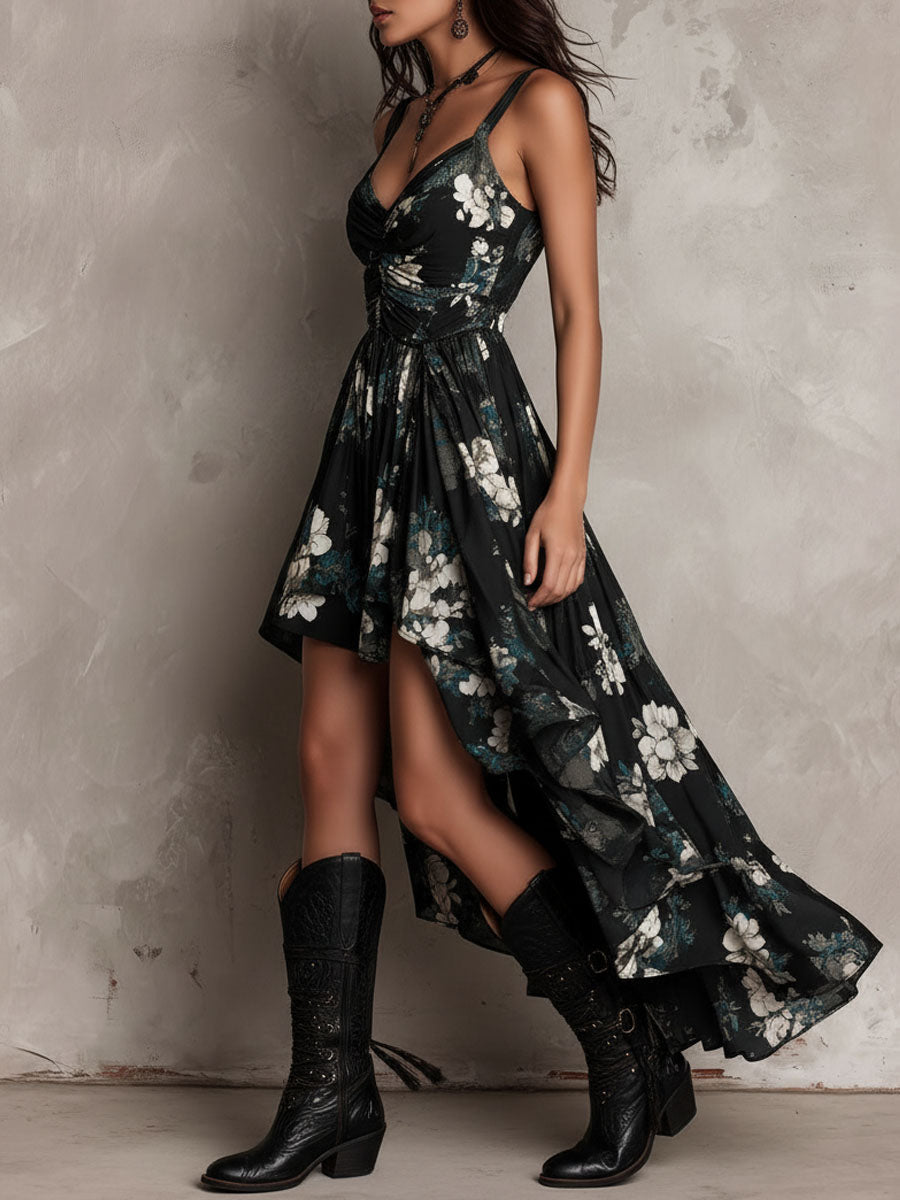 Black Floral Print Strapless Maxi Dress