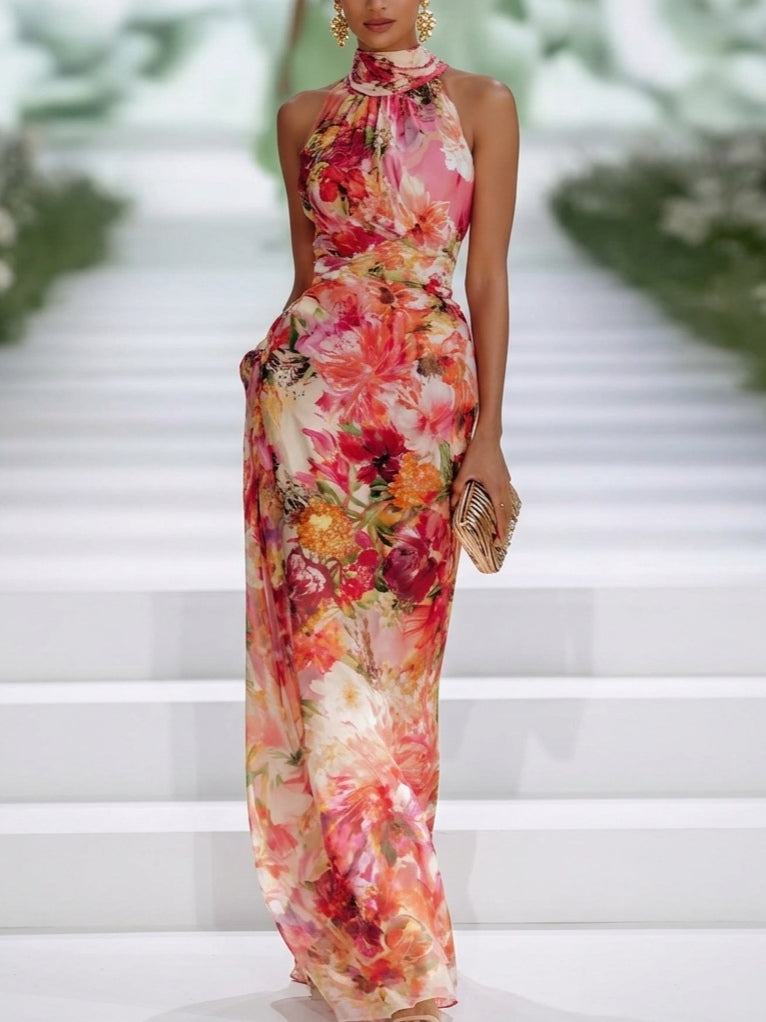 Red Chiffon Maxi Dress with Halter Neck