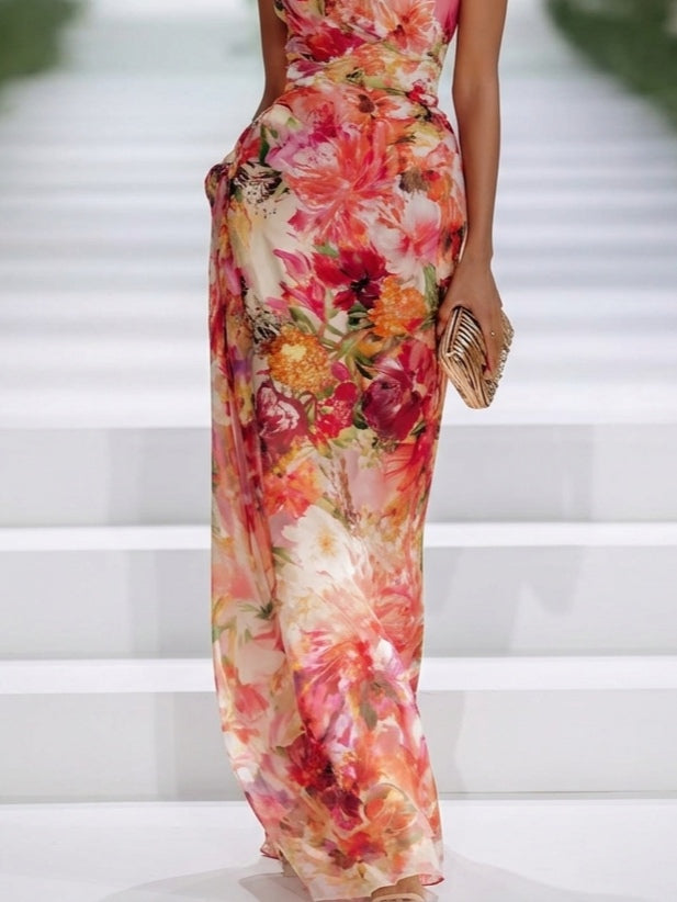 Red Chiffon Maxi Dress with Halter Neck