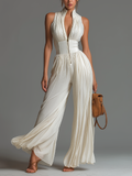 White Sleeveless Chiffon Jumpsuit with Zip