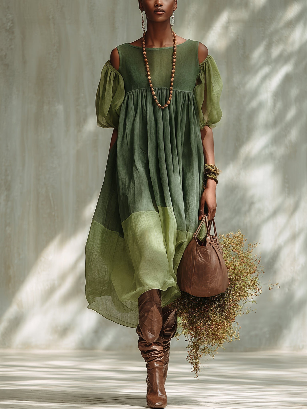 Midi Chiffon Dress in Green with Off-the-Shoulder Design