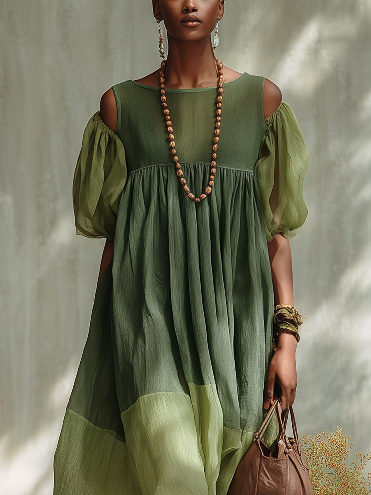 Midi Chiffon Dress in Green with Off-the-Shoulder Design