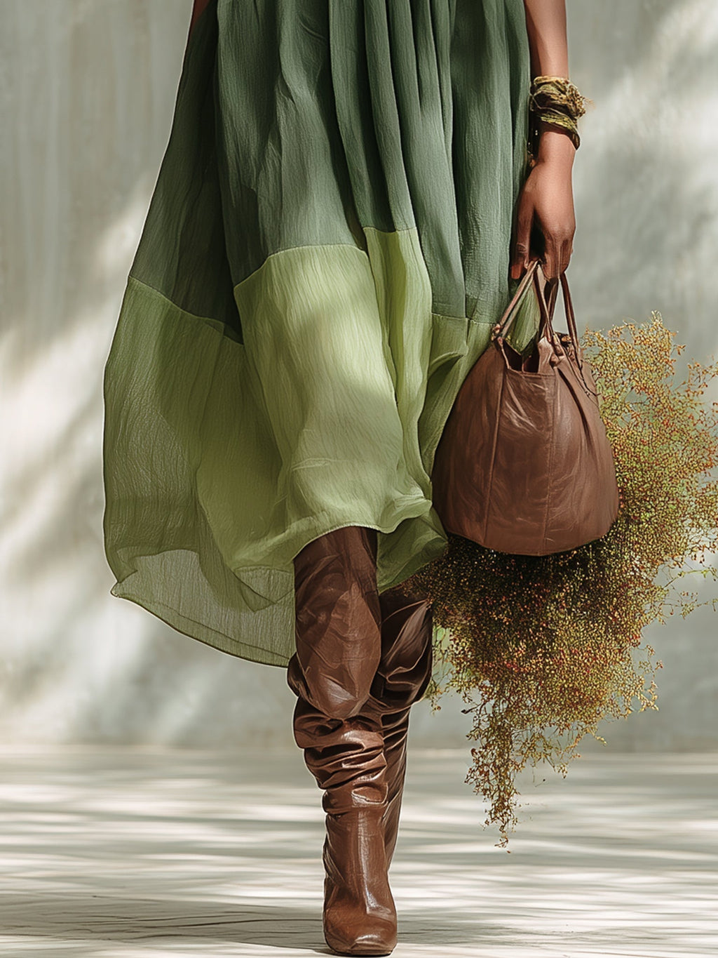 Midi Chiffon Dress in Green with Off-the-Shoulder Design