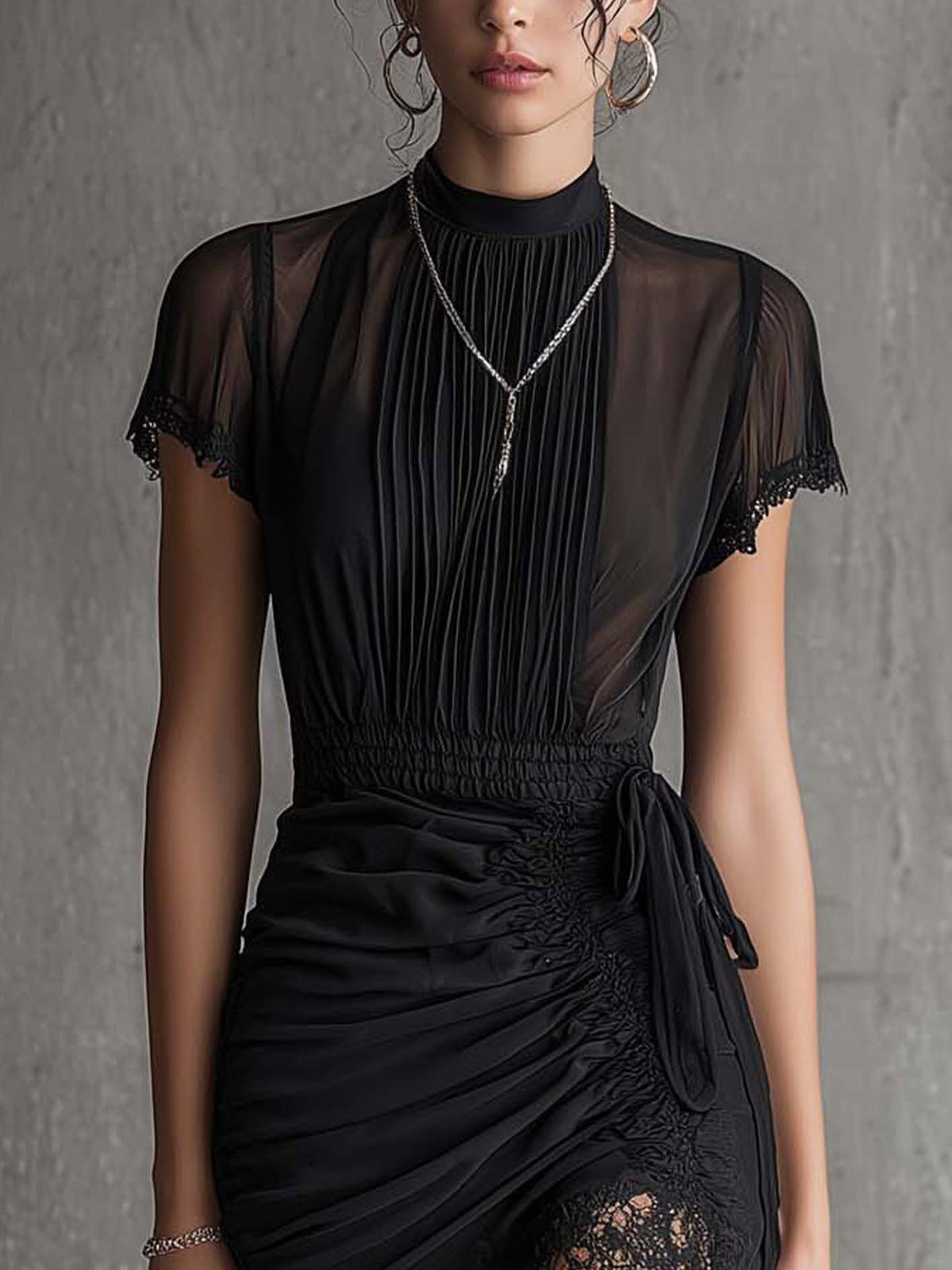 Black Chiffon Mini Dress with Pleated Waist
