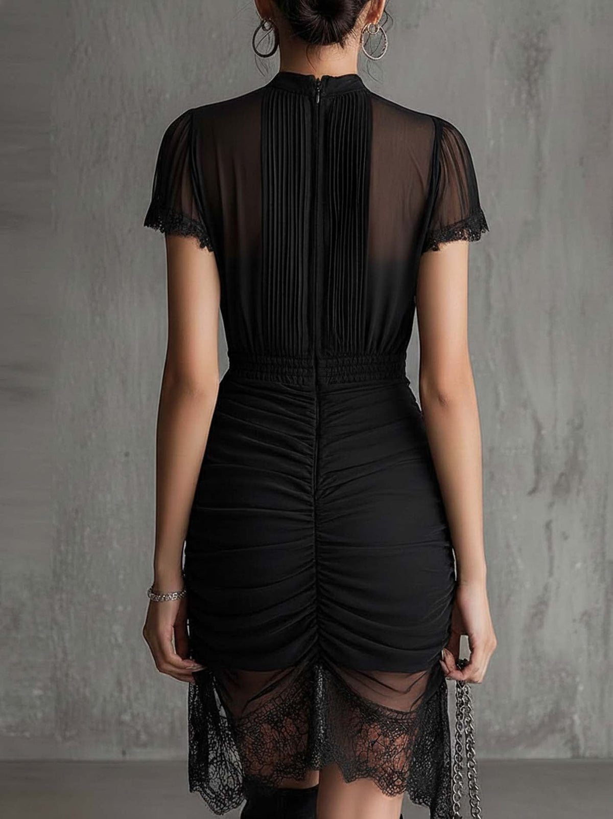 Black Chiffon Mini Dress with Pleated Waist