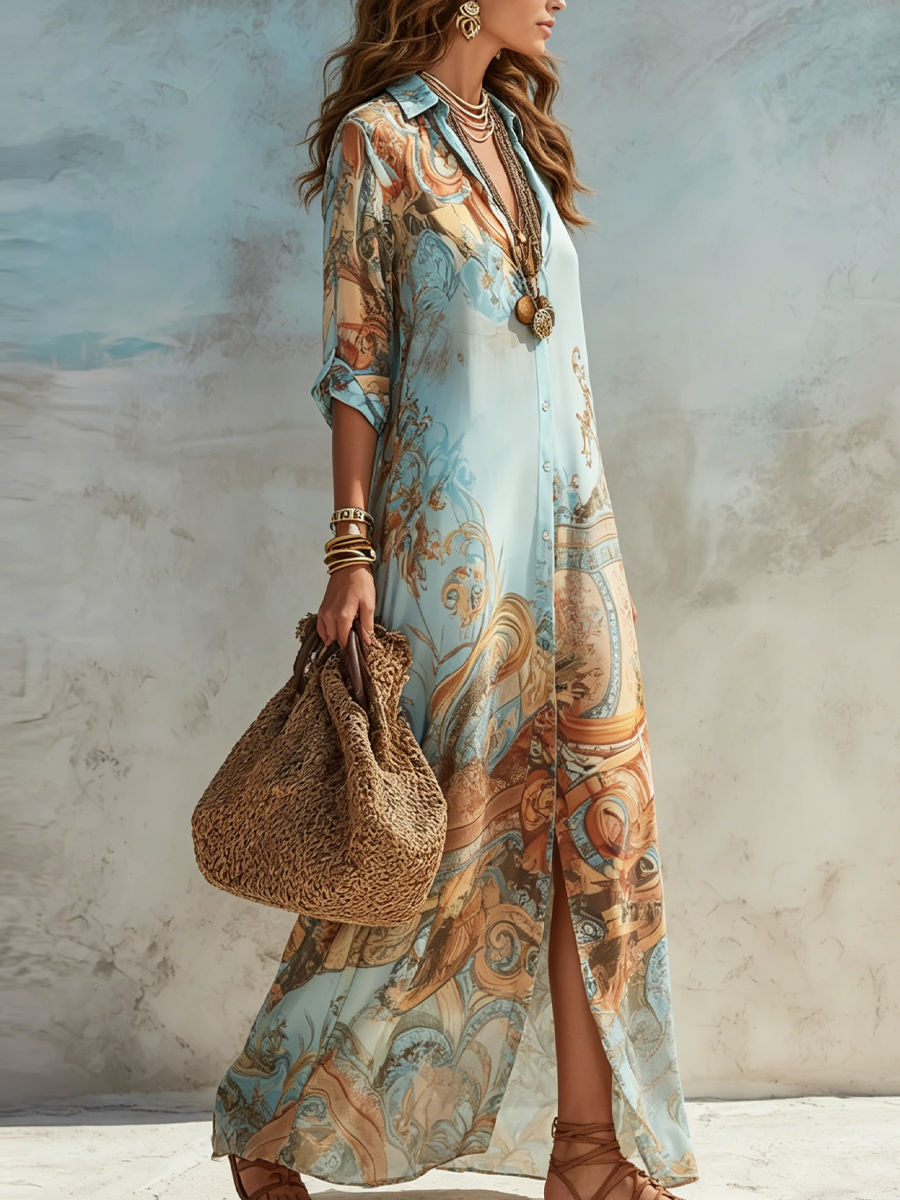 Blue Maxi Dress with Floral Print