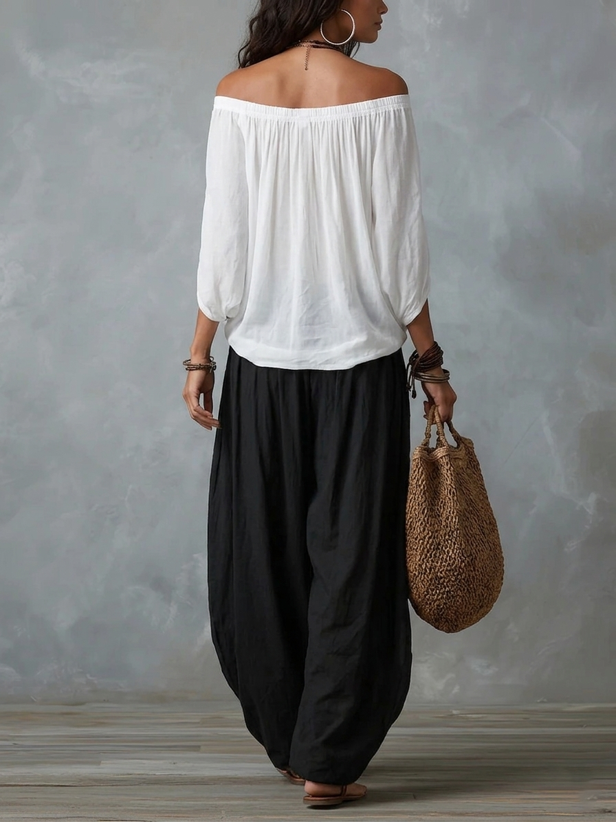 White Off-Shoulder Top and Wide Pants