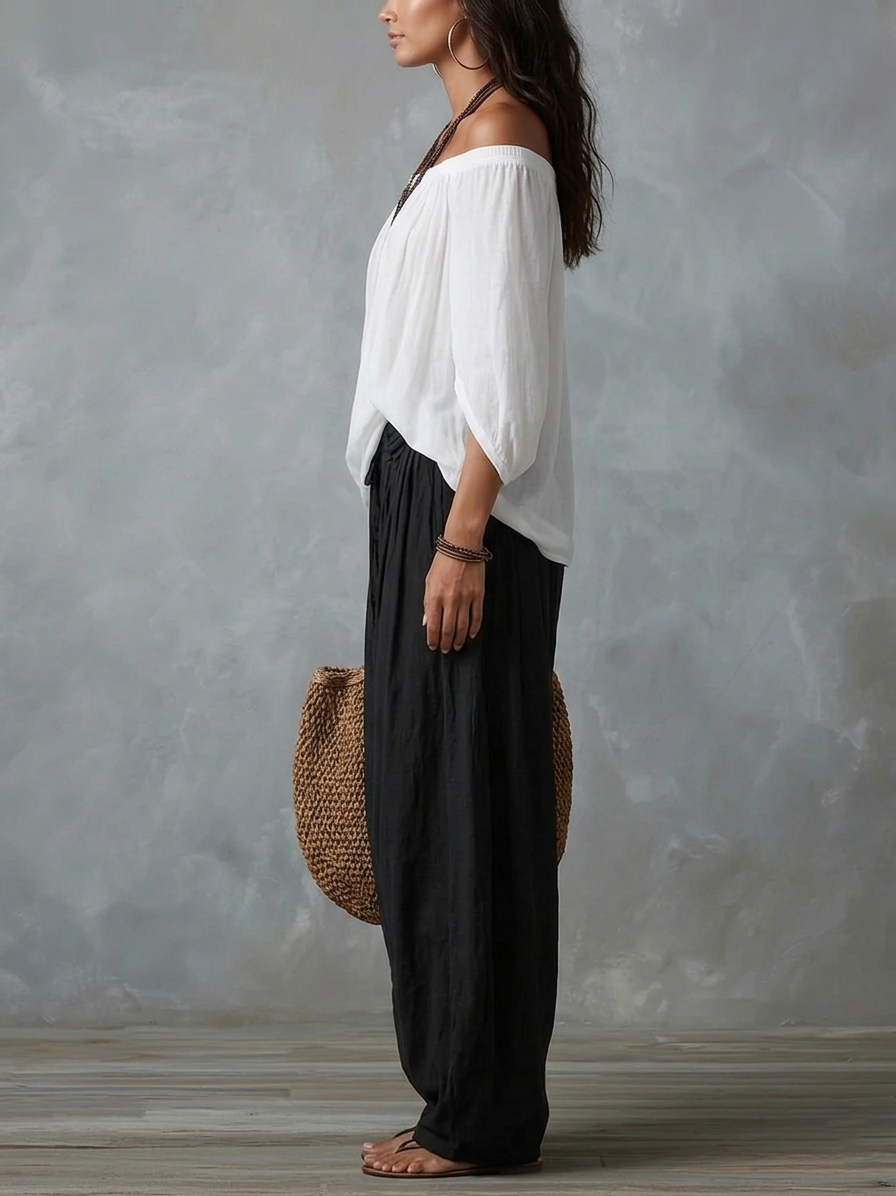 White Off-Shoulder Top and Wide Pants