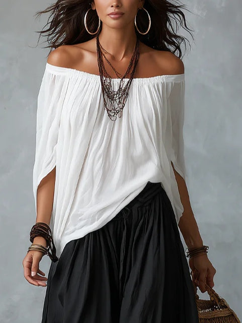 White Off-Shoulder Top and Wide Pants