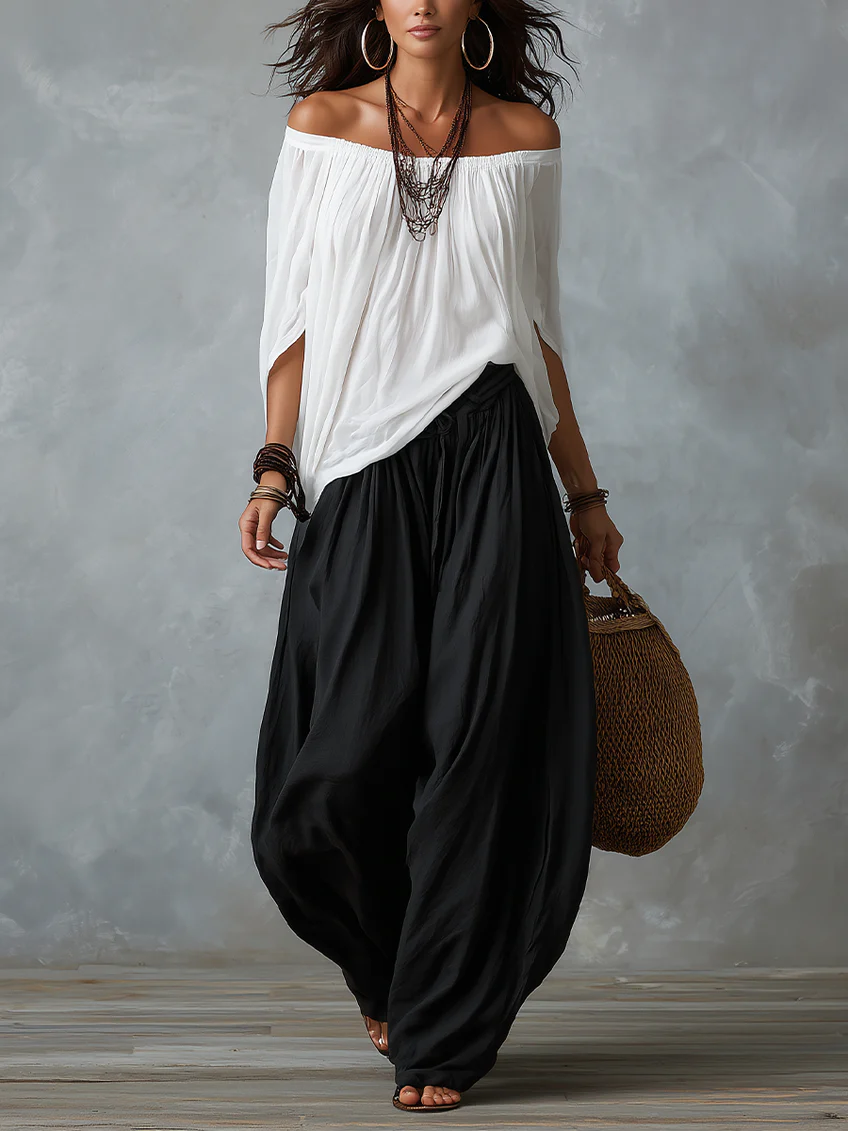 White Off-Shoulder Top and Wide Pants