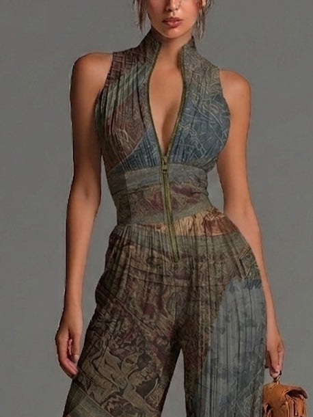 Sleeveless Chiffon Jumpsuit with Bohemian Ethnic Print