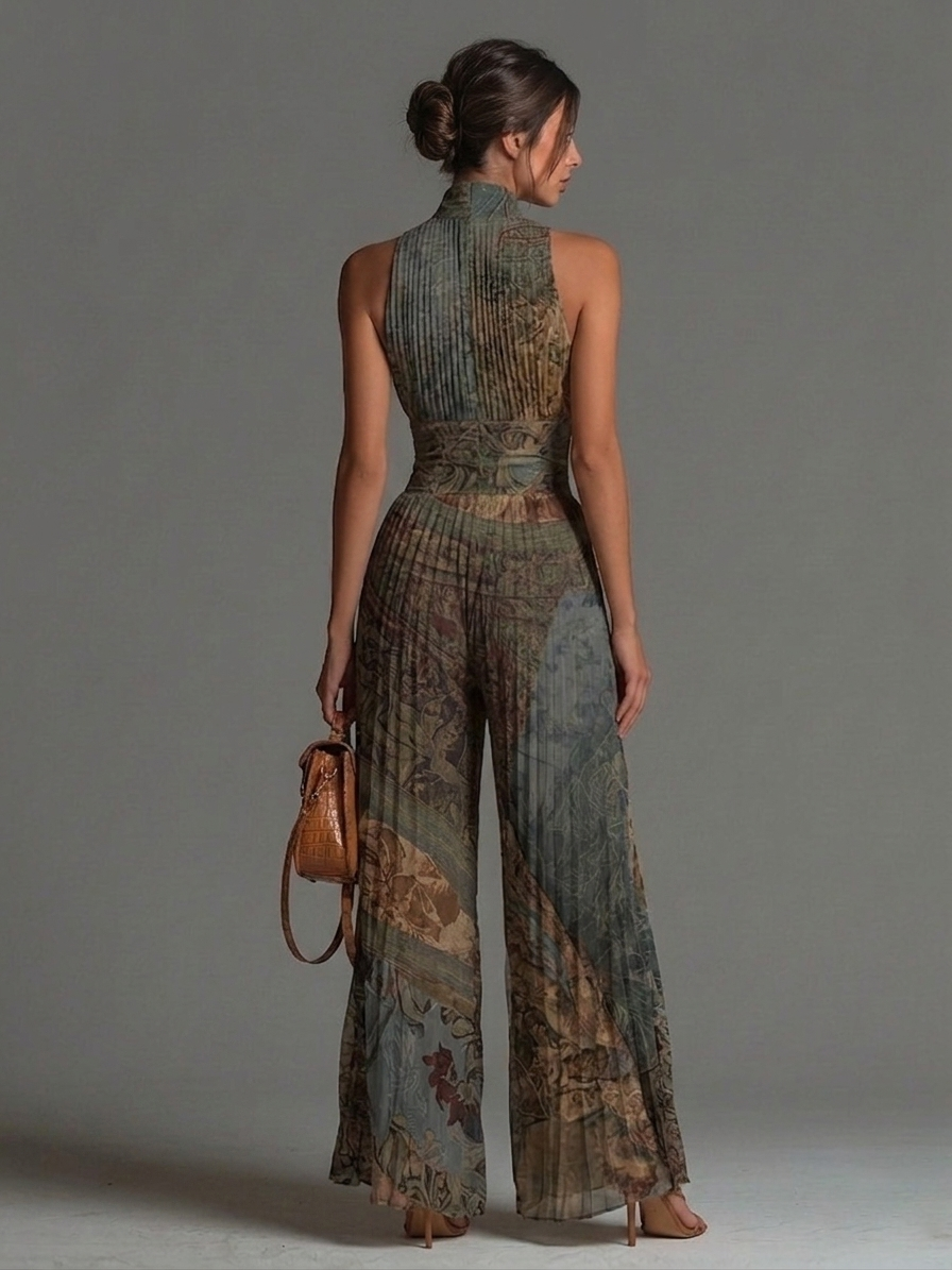 Sleeveless Chiffon Jumpsuit with Bohemian Ethnic Print