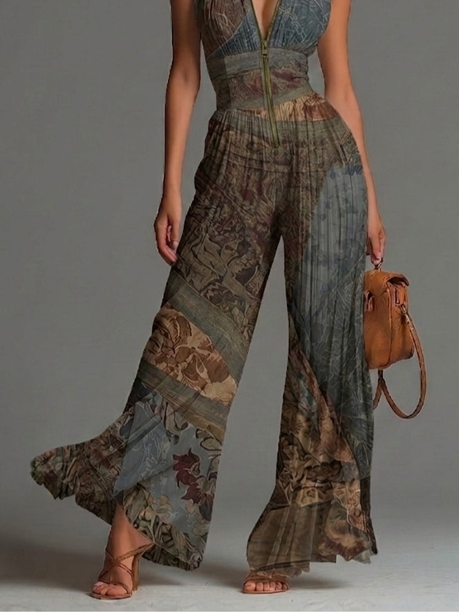 Sleeveless Chiffon Jumpsuit with Bohemian Ethnic Print
