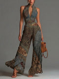 Sleeveless Chiffon Jumpsuit with Bohemian Ethnic Print