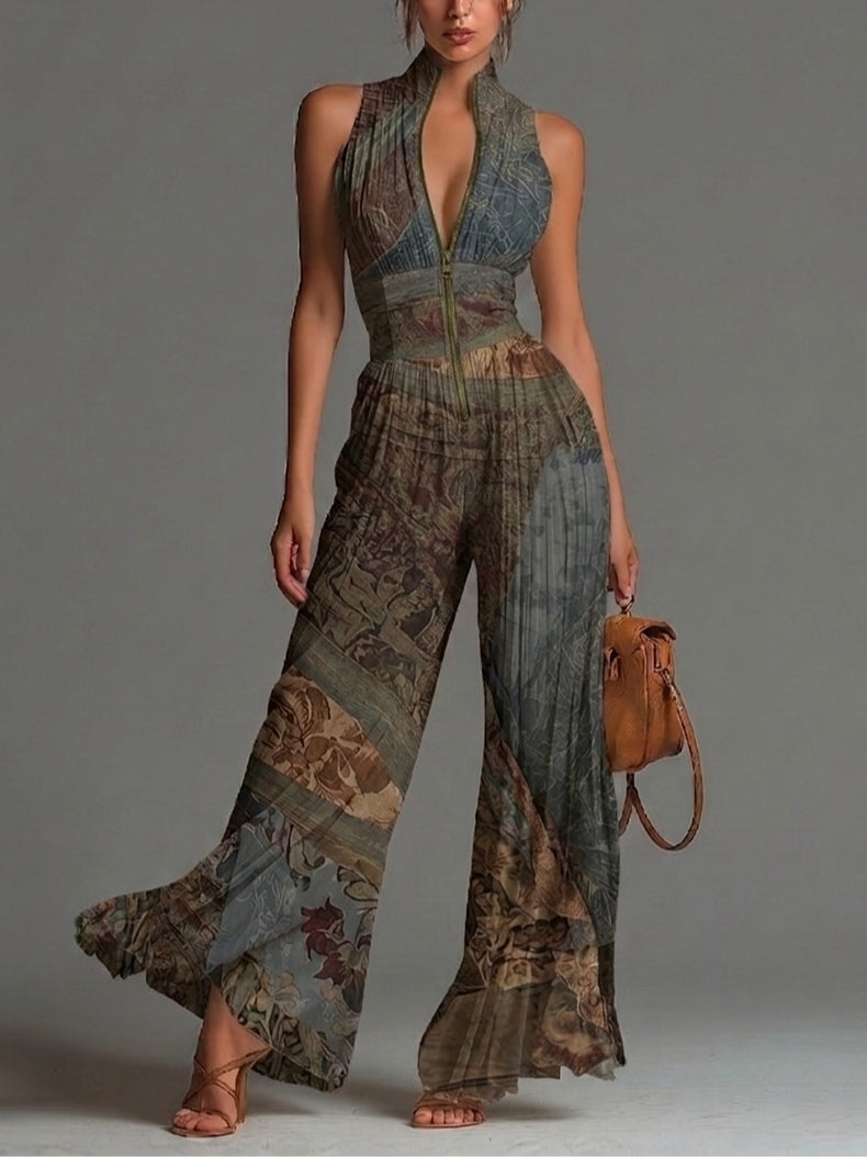 Sleeveless Chiffon Jumpsuit with Bohemian Ethnic Print