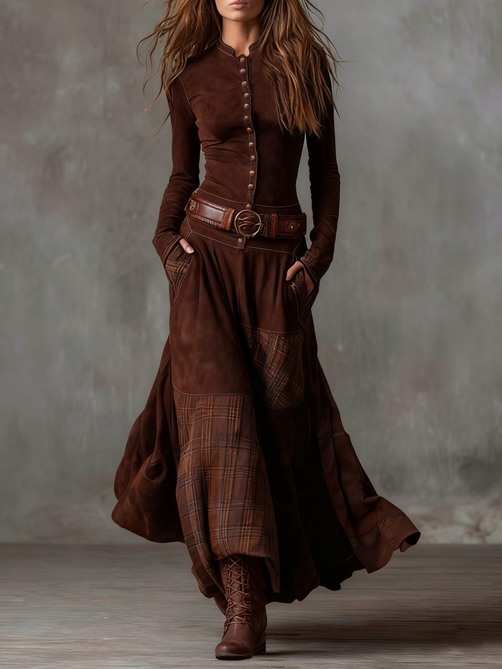 Natasha™ Vintage Plaid Suede Maxi Dress