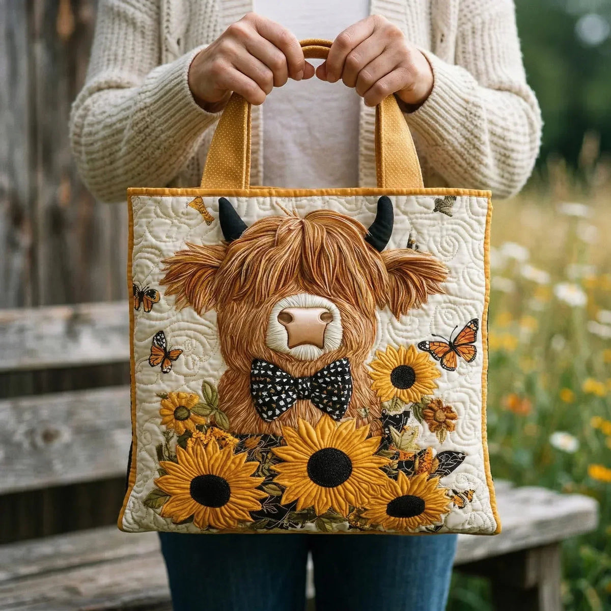 Quilted Tote Bag - Highland Cow and Sunflowers
