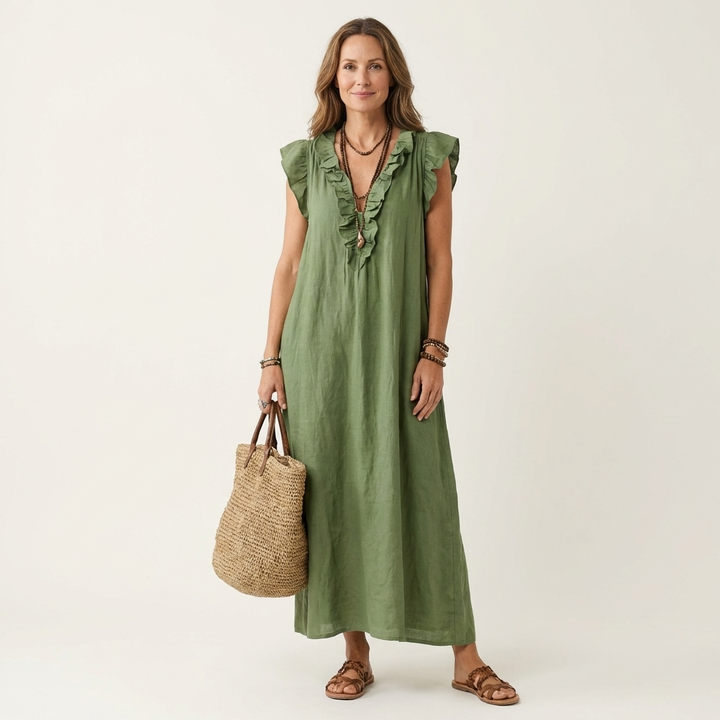 Amina™ Ruffle V-Neck Linen Maxi Dress
