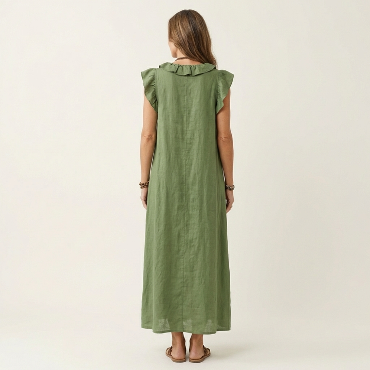 Amina™ Ruffle V-Neck Linen Maxi Dress