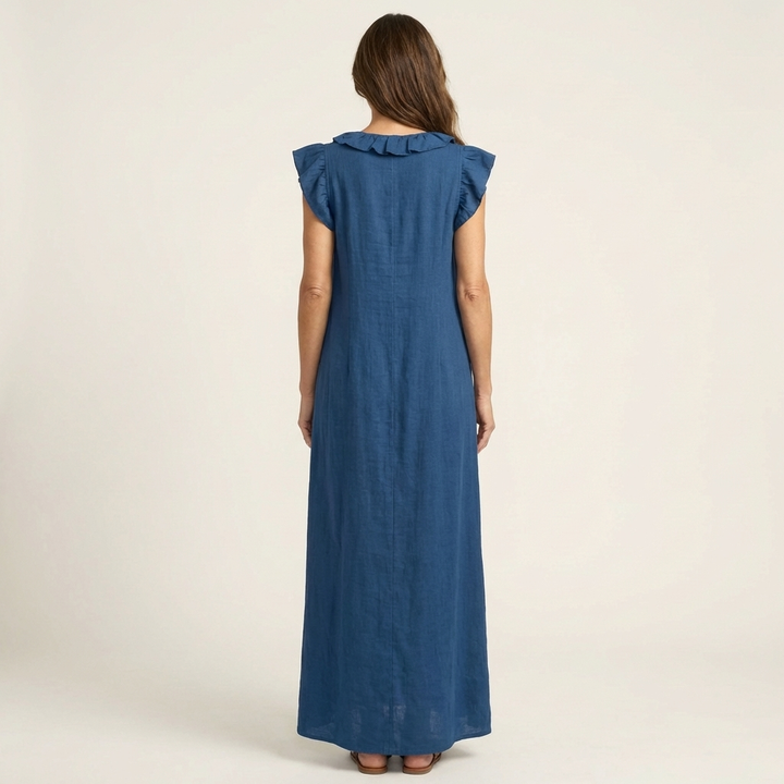 Amina™ Ruffle V-Neck Linen Maxi Dress
