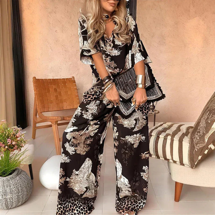 Tasha™ Printed V-Neck Top &amp; Long Pants Set