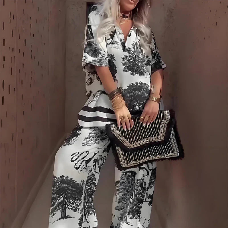 Tasha™ Printed V-Neck Top &amp; Long Pants Set